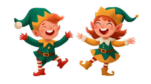 Cheerful Christmas elves in festive outfits smiling and waving isolated on white background