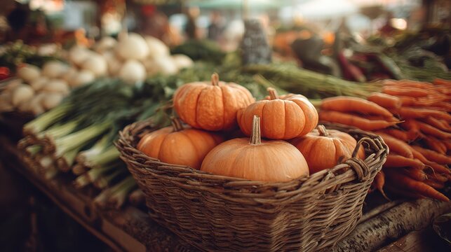 Image of stacked organic orange pumpkins in a basket of fresh produce at the local market
