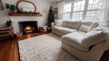 Naklejka premium This serene living room features a plush white sectional couch and a glowing fireplace. A soft knit rug covers the wooden floor, enhancing the cozy atmosphere of the space
