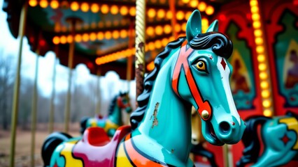 Haunted carousel horse in abandoned amusement park