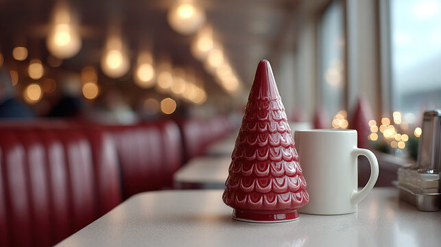 Red ceramic tree ornament white coffee mug diner booth bokeh lights holiday table window light