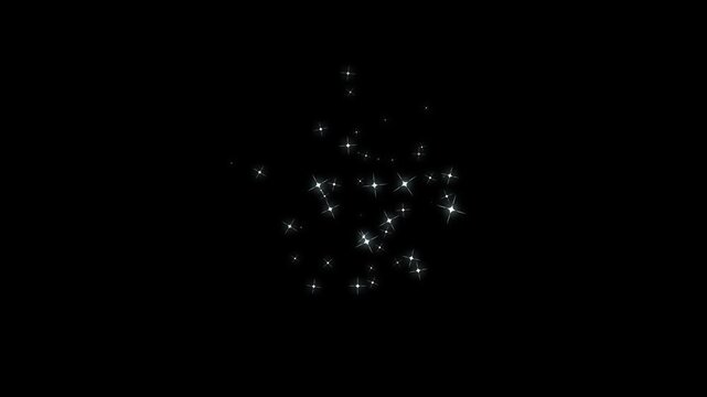 White glowing twinkle stars animation with sparkling glitter dust trail, blinking retro vector star doodles, magic particle burst, 2D flat sparkle effect overlay on black screen background. 4k