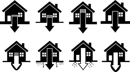 House subsidence icon set, cartoon sinking home illustration, structural damage and ground failure concept, vector geology and architecture graphic, black and white design