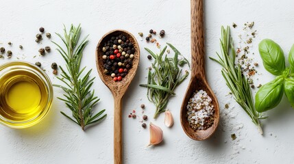 Overview of culinary elements rose and black pepper fresh rosemary basil olive oil and sea salt on a white surface