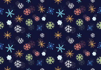 Festive Night Sky with Colorful Snowflakes Seamless Pattern 