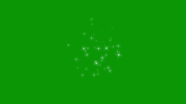 White glowing twinkle stars animation with sparkling glitter dust trail, blinking retro vector star doodles, magic particle burst, 2D flat sparkle effect overlay on green screen background. 4k