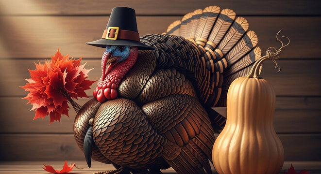 Festive image of a turkey wearing a pilgrim hat, beside a pumpkin and fall leaves, representing holiday, Thanksgiving, autumn season and harvest