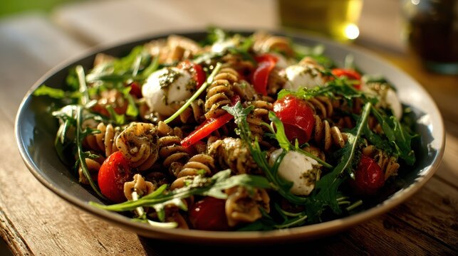 Salad of whole wheat pasta fresh arugula mozzarella roasted red peppers and pesto