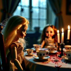 Creepy doll tea party with porcelain dolls