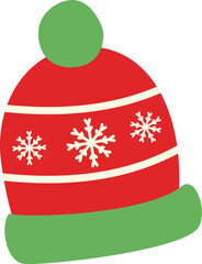 cute winter beanie hat with christmas ball on top and snowflakes pattern. Christmas decorative element. Flat vector illustration