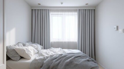 Basic bedroom includes gray drapes a bed with a gray cover and white pillow plus a white wall featuring a light switch and ceiling fixture