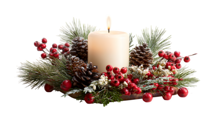 Christmas candle centerpiece with pine branches and berries isolated on white background