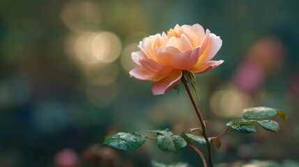 A lone delicate peach rose grows on a green stem in a garden with a blurred backdrop