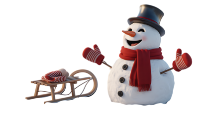 Cheerful snowman wearing a top hat and scarf with mittens and a sled isolated on a transparent background