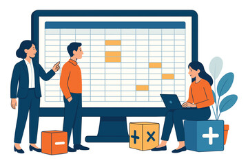 Business team analyzing spreadsheet data on large computer screen discussing financial report and project planning with teamwork and technology concept flat vector illustration