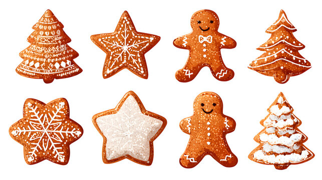 Cartoon gingerbread cookies collection with snowflakes, stars, and trees isolated on white background