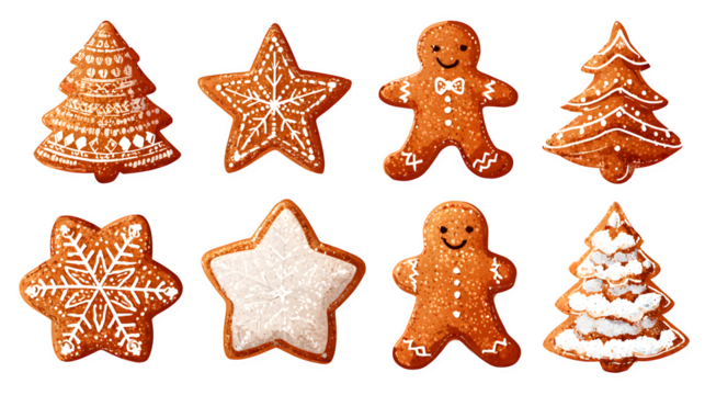 Cartoon gingerbread cookies collection with snowflakes, stars, and trees isolated on white background - Powered by Adobe