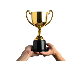 Two hands holding a shiny, golden trophy against a black background