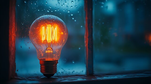 Edison bulb glows warmly against rainy window, creating inviting ambiance - Powered by Adobe