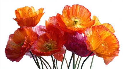 Obraz premium Macro image of orange and red poppies against a white backdrop featuring a large depth of field Represents sleep forgetfulness and creativity