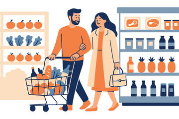 PrintCouple shopping together in supermarket with grocery cart full of food and drinks, flat vector illustration