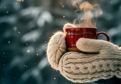 Warm cup of coffee in winter mittens with falling snowflakes - Powered by Adobe