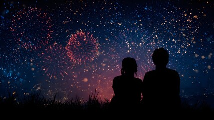 Silhouette of a couple watching colorful fireworks exploding in the night sky illustration