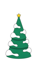 A festive green Christmas tree adorned with snow and a star on top.