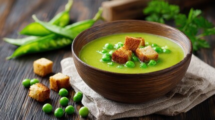 Fresh green pea puree served in a bowl on a wooden surface garnished with croutons Room for text