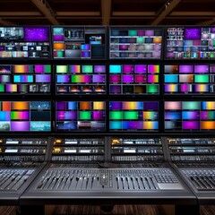 Sophisticated Broadcasting Control Room with Multiple Monitors Displaying Content