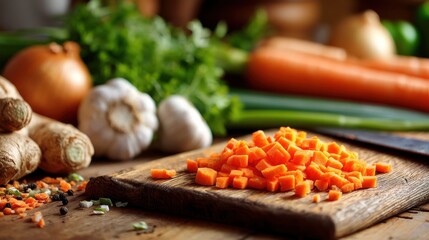 Diced carrots on a wooden board among various fresh veggies representing World Vegan Day and encouraging healthy plant based diets