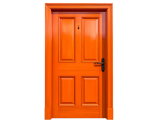 Vibrant orange wooden door with black hardware, centered on a black background