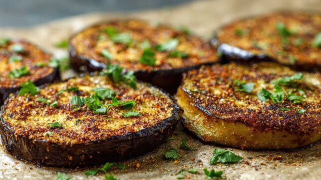 Detailed view of spiced baked eggplant slices with a rustic feel Ideal for fans of Mediterranean food healthy meals and plant based options