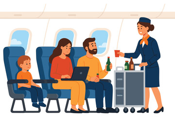 Flight attendant serving drinks to passengers during flight flat vector illustration