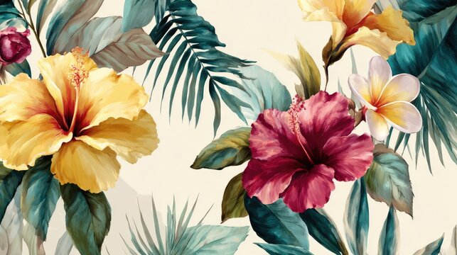 Fototapeta Vibrant watercolor style tropical floral pattern features bright blossoms and lush foliage