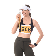 Obraz premium Sporty young woman with first place medal for winning marathon on white background