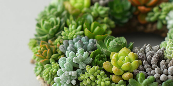 Succulent wreath arrangement green rosette succulent cluster frost texture miniature holiday accent cozy botanical decor