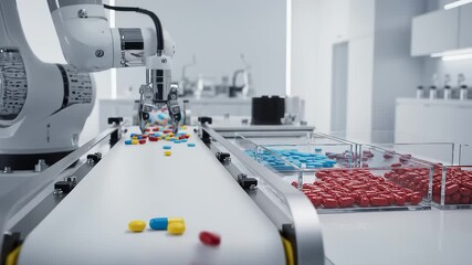 Robot Arm Sorting and Picking Pills on Conveyor Belt in Laboratory - Powered by Adobe