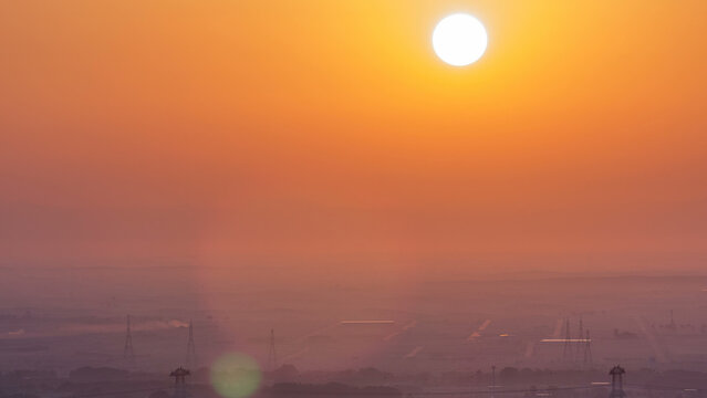 Beautiful sunrise in lonely desert and mountain in the background timelapse, Ajman, UAE