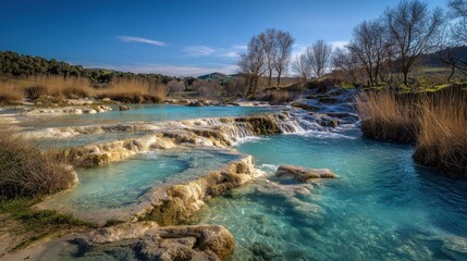 Saturnia s thermal springs in Tuscany Italy feature serene turquoise water flowing over limestone terraces surrounded by golden reeds and leafless trees beneath a clear blue sk