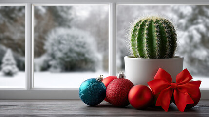 Cactus in white pot on snowy windowsill with red bow and colorful Christmas ornaments creating cozy festive contrast and unexpected holiday charm