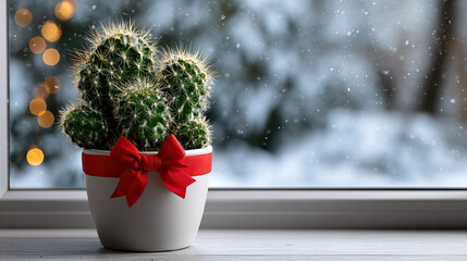 Cactus pot with red bow on snowy windowsill, small spiny cactus cluster decorated for winter holiday with bokeh lights and falling snowflakes, cozy festive indoor plant scene