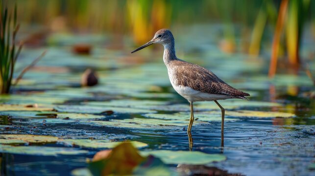 A lone bird glides through the swamp s murky waters its long legs effortlessly exploring for hidden gems among the vegetation
