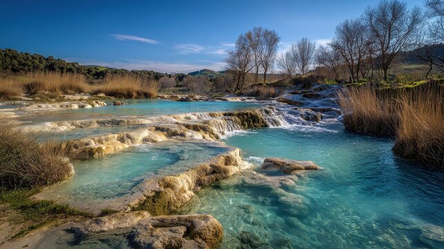 Saturnia s thermal springs in Tuscany Italy feature serene turquoise water flowing over limestone terraces surrounded by golden reeds and leafless trees beneath a clear blue sk