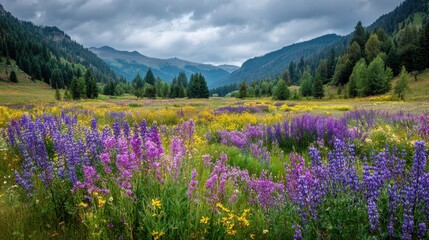 A lively mountain meadow featuring blooming purple lupines pink prairie smoke and yellow wildflowers surrounded by wooded peaks and a cloudy sky A tranquil elevated landscape