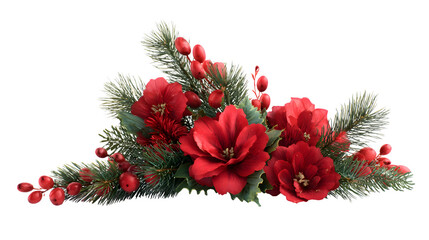 Christmas corner floral arrangement with pine leaves and red flowers isolated on white background