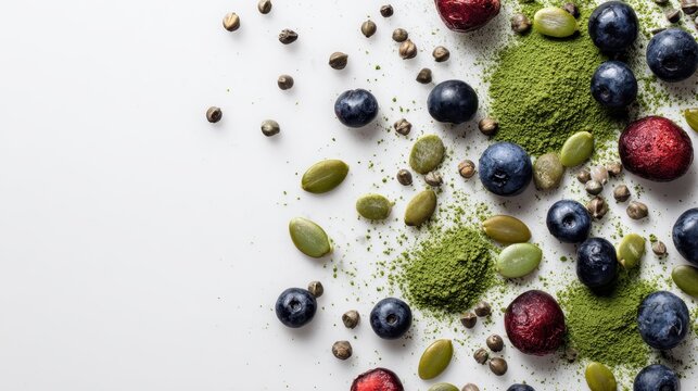 Image of mixed chlorella berries and seeds healthy lifestyle nutrition and detox theme blank space for text
