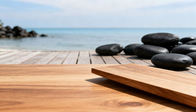 Smooth black stones on wooden pier with ocean and sky background wooden surface in foreground - Powered by Adobe