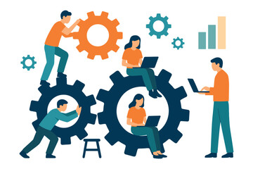 Group of people working together with gears and laptops showing teamwork and process management, flat vector illustration