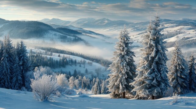 Frosty trees in front of a misty winter scene on a sunny day in Slovakia s Orava region